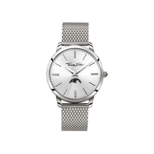 REBEL SPIRIT MOONPHASE MENS WATCH, STAINLESS STEEL MESH BRACELET & CASE, SILVER SUNRAY DIAL, ONYX STONE ON CROWN