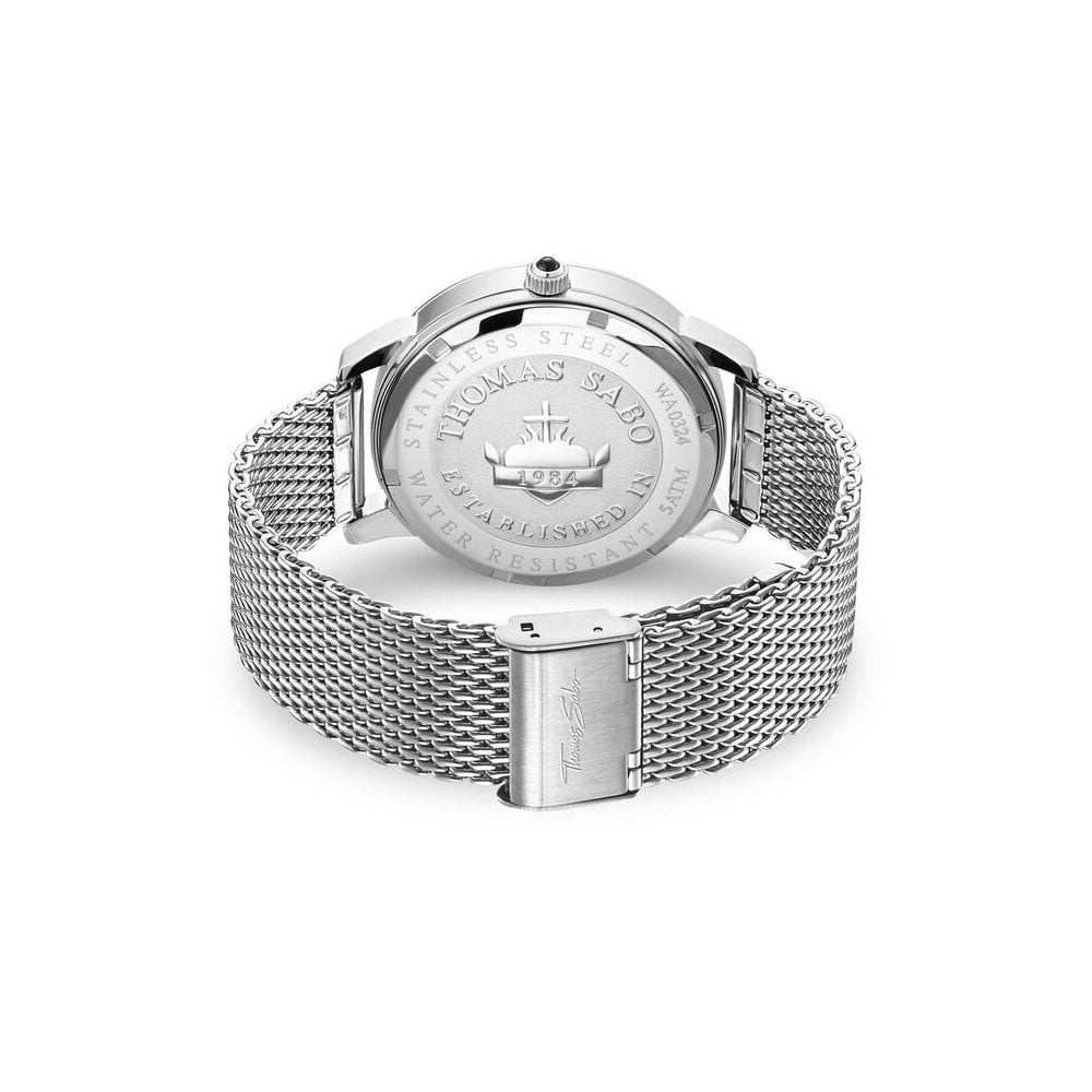 REBEL SPIRIT MOONPHASE MENS WATCH, STAINLESS STEEL MESH BRACELET & CASE, SILVER SUNRAY DIAL, ONYX STONE ON CROWN