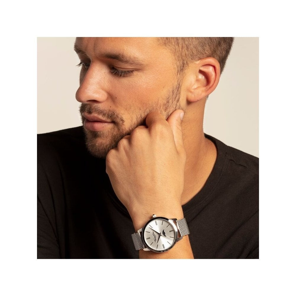 REBEL SPIRIT MOONPHASE MENS WATCH, STAINLESS STEEL MESH BRACELET & CASE, SILVER SUNRAY DIAL, ONYX STONE ON CROWN