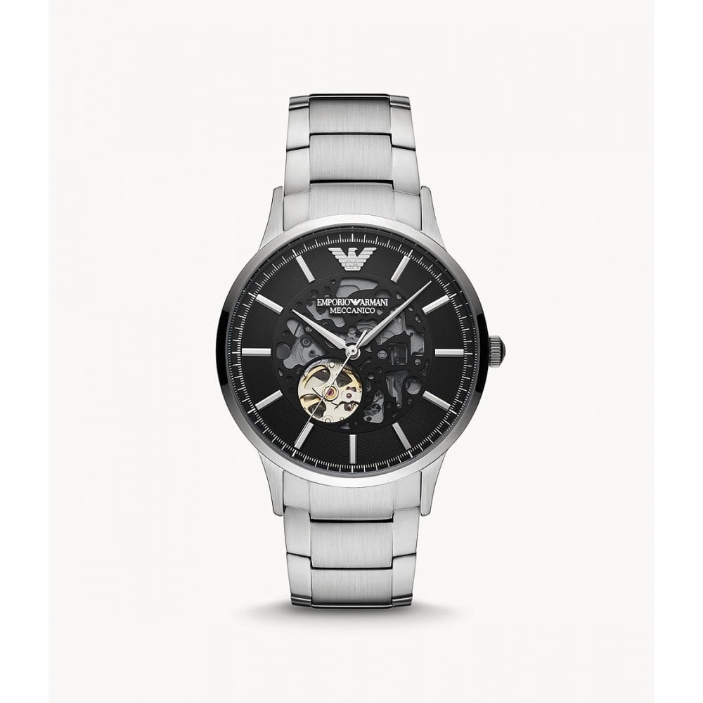 RENATO STAINLESS STEEL OPEN BLACK DIAL MECHANICAL WATCH