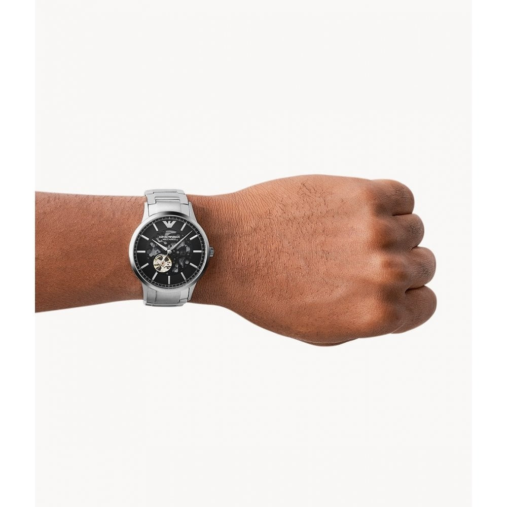 RENATO STAINLESS STEEL OPEN BLACK DIAL MECHANICAL WATCH