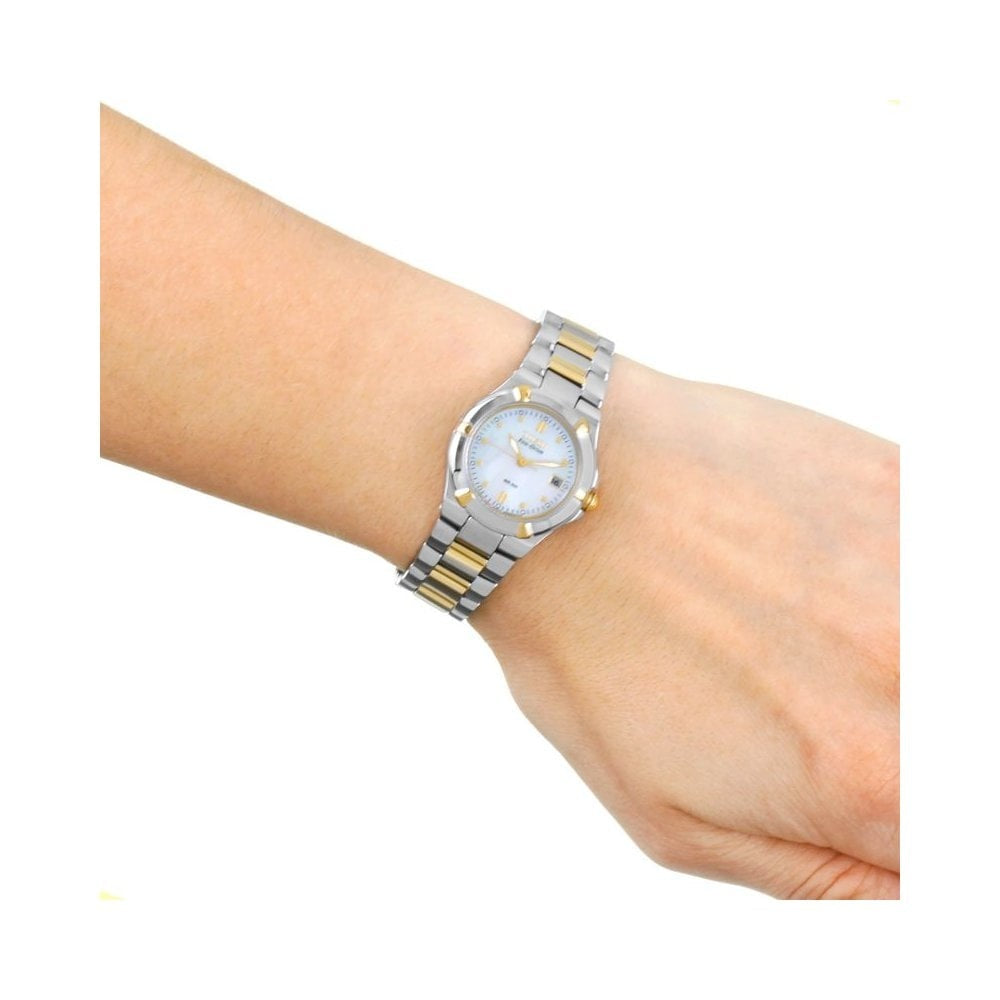 RIVA TWO TONE LADIES GOLD & STAINLESS STEEL BRACELET WATCH WITH MOTHER OF PEARL DIAL