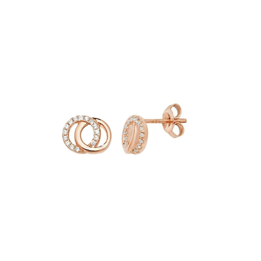 ROSE GOLD ON SILVER CUBIC ZIRCONIA INTERLOCKING CIRCLES STUD EARRINGS