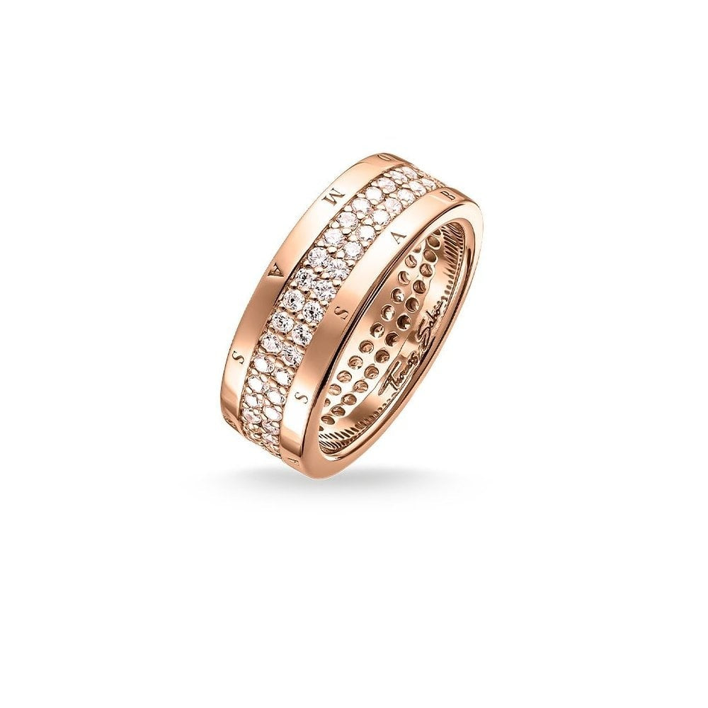 ROSE GOLD ON SILVER DOUBLE ROW CUBIC ZIRCONIA BAND RING 