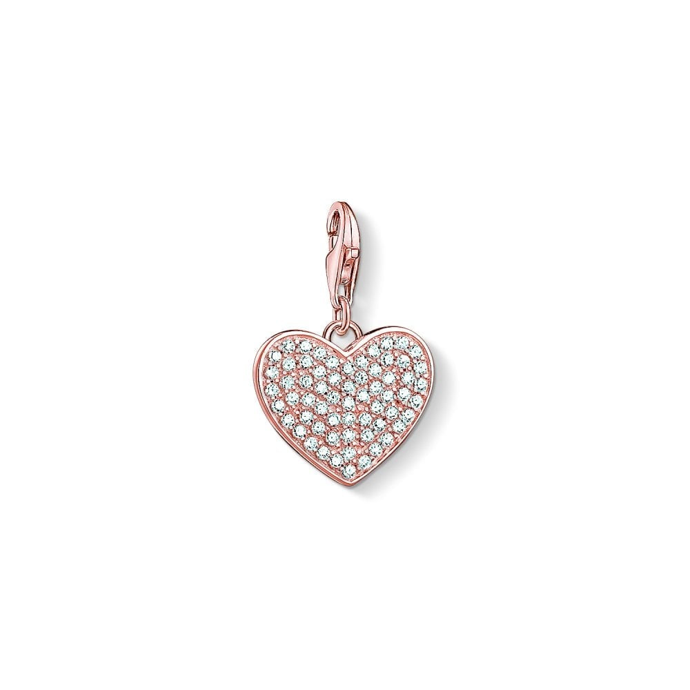 ROSE GOLD ON SILVER ENGRAVABLE HEART CHARM PENDANT WITH PAVE SET CUBIC ZIRCONIAS