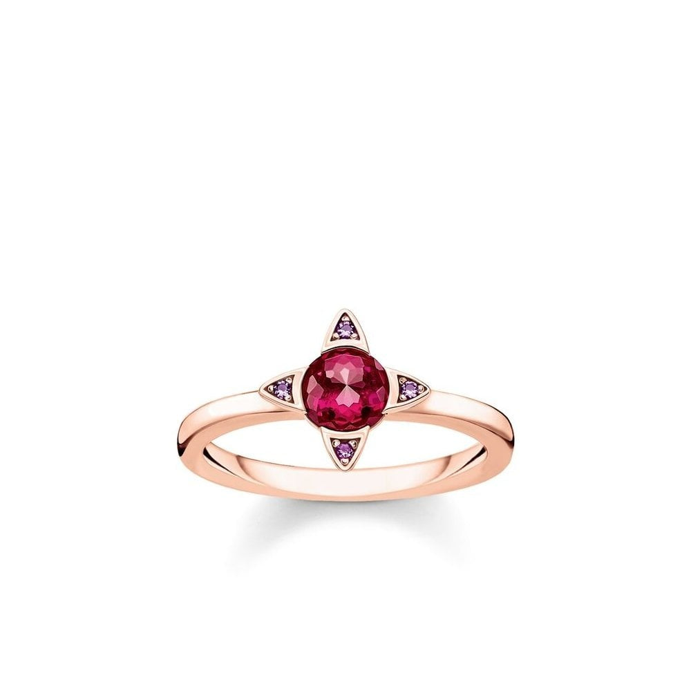 ROSE GOLD ON SILVER FLOWER SHAPED RING WITH RED CORUNDUM & VIOLET CERAMIC STONES