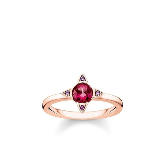 ROSE GOLD ON SILVER FLOWER SHAPED RING WITH RED CORUNDUM & VIOLET CERAMIC STONES