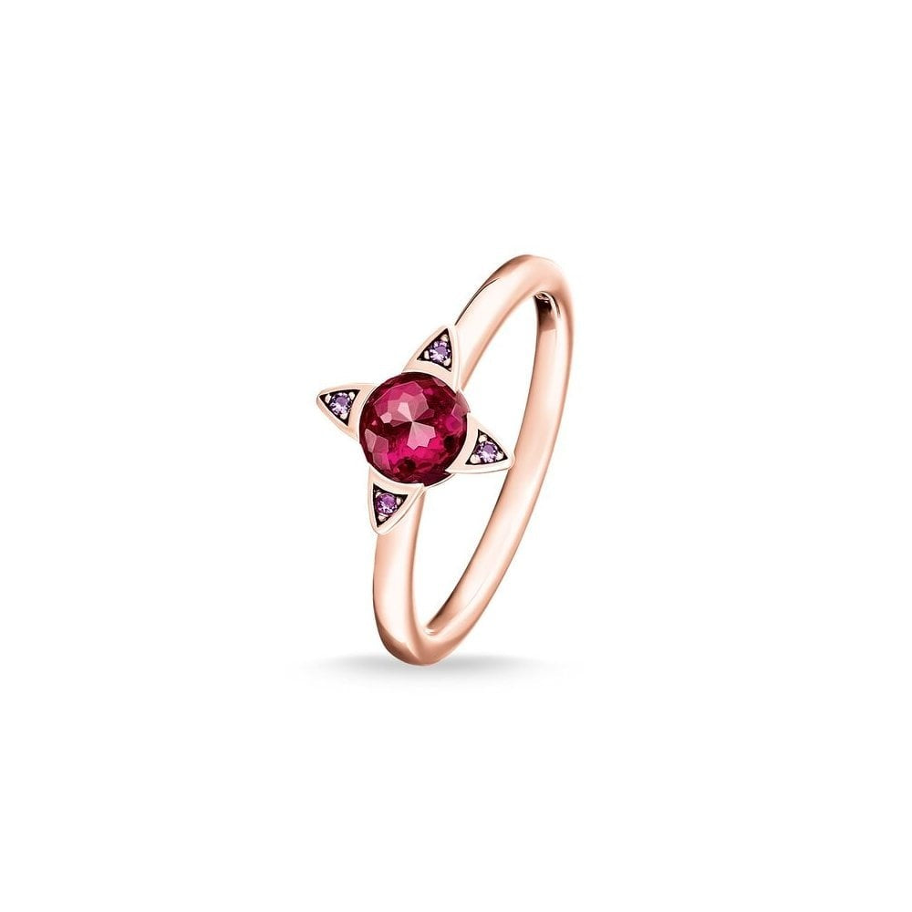 ROSE GOLD ON SILVER FLOWER SHAPED RING WITH RED CORUNDUM & VIOLET CERAMIC STONES