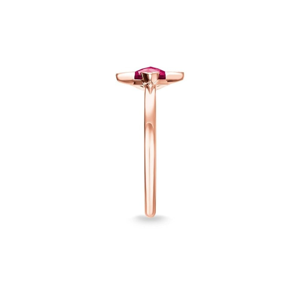 ROSE GOLD ON SILVER FLOWER SHAPED RING WITH RED CORUNDUM & VIOLET CERAMIC STONES