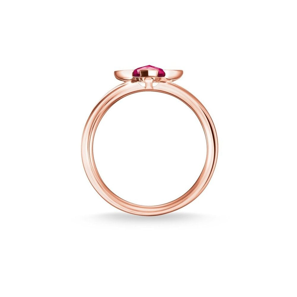 ROSE GOLD ON SILVER FLOWER SHAPED RING WITH RED CORUNDUM & VIOLET CERAMIC STONES