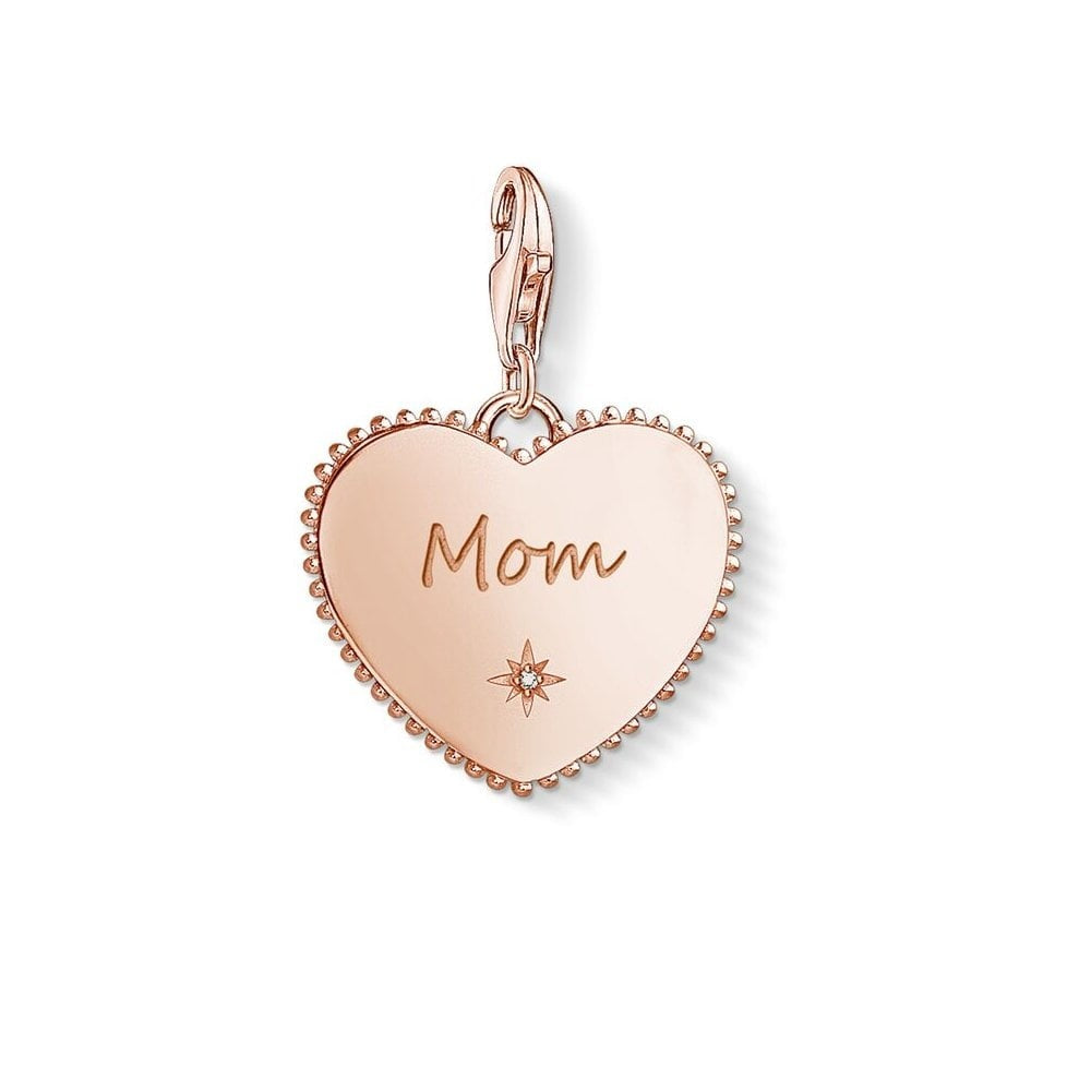 ROSE GOLD ON SILVER "MOM" HEART CHARM PENDANT WITH CUBIC ZIRCONIA AND A BEADED OUTER DESIGN