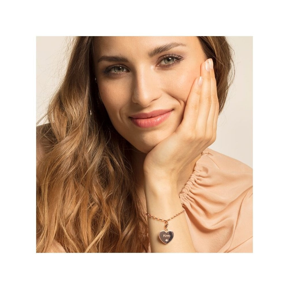 ROSE GOLD ON SILVER "MOM" HEART CHARM PENDANT WITH CUBIC ZIRCONIA AND A BEADED OUTER DESIGN
