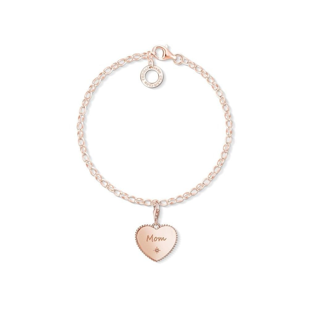 ROSE GOLD ON SILVER "MOM" HEART CHARM PENDANT WITH CUBIC ZIRCONIA AND A BEADED OUTER DESIGN