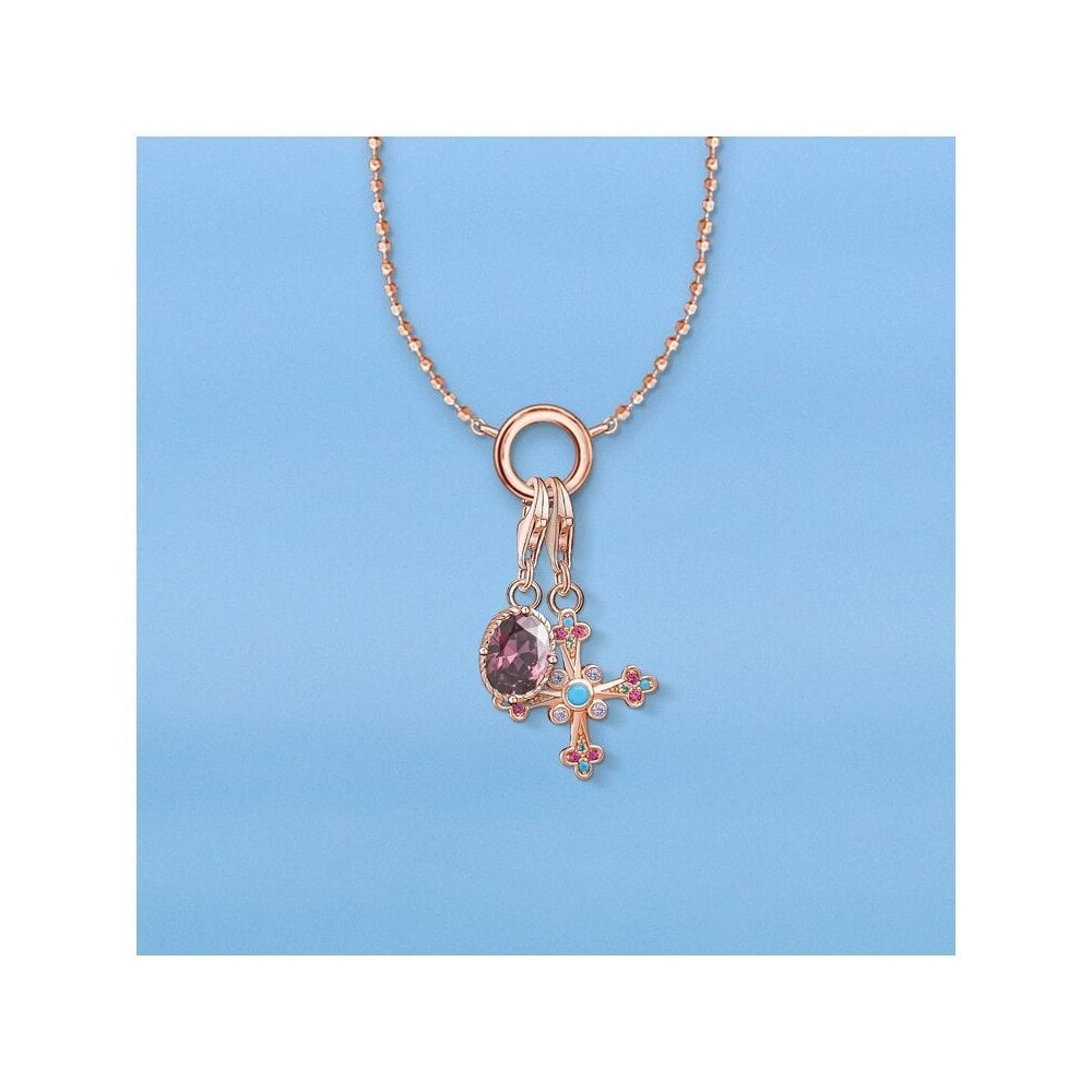 ROSE GOLD ON SILVER OVAL VIOLET ZIRCONIA STONE CHARM PENDANT