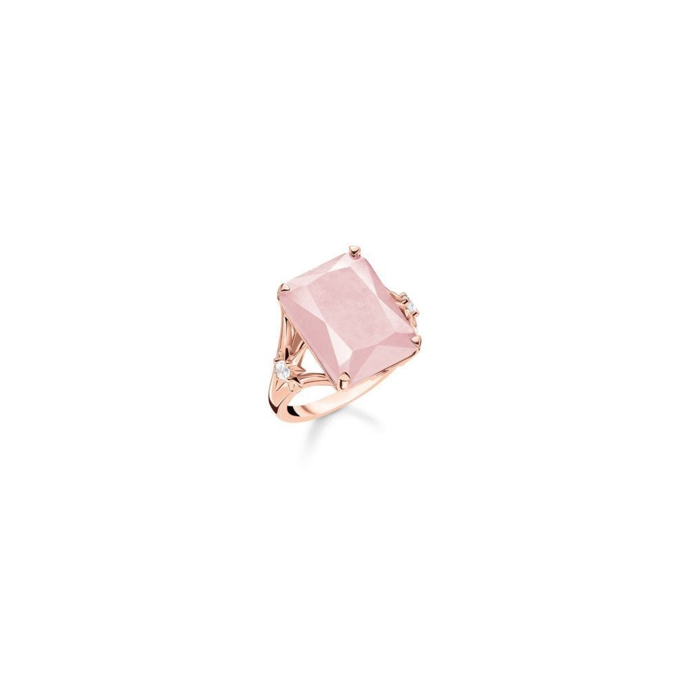 ROSE GOLD ON SILVER RECTANGULAR SHAPE LARGE ROSE QUARTZ STONE RING WITH A ROSE GOLD CUBIC ZIRCONIA STAR ON EACH SIDE