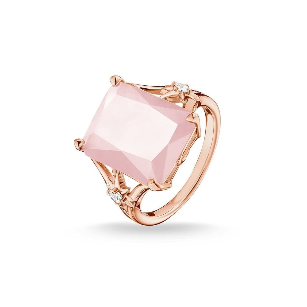 ROSE GOLD ON SILVER RECTANGULAR SHAPE LARGE ROSE QUARTZ STONE RING WITH A ROSE GOLD CUBIC ZIRCONIA STAR ON EACH SIDE