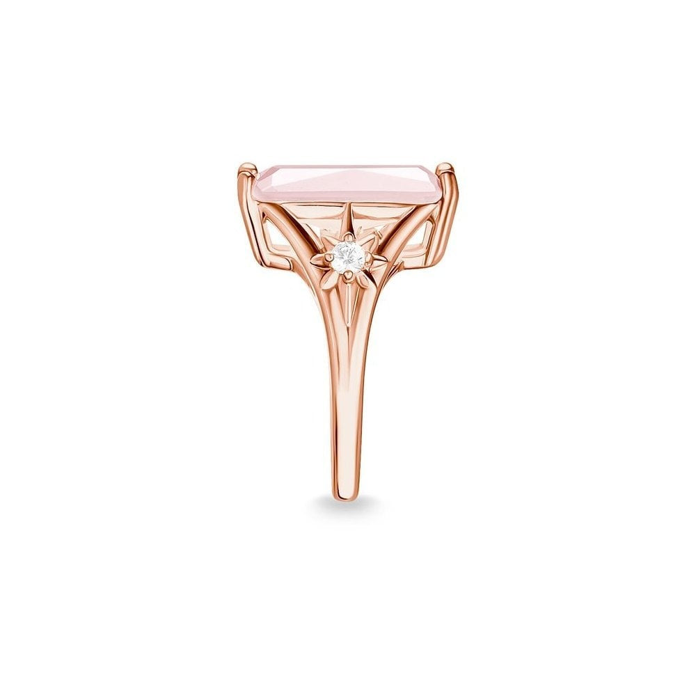 ROSE GOLD ON SILVER RECTANGULAR SHAPE LARGE ROSE QUARTZ STONE RING WITH A ROSE GOLD CUBIC ZIRCONIA STAR ON EACH SIDE