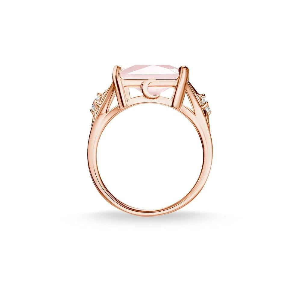 ROSE GOLD ON SILVER RECTANGULAR SHAPE LARGE ROSE QUARTZ STONE RING WITH A ROSE GOLD CUBIC ZIRCONIA STAR ON EACH SIDE