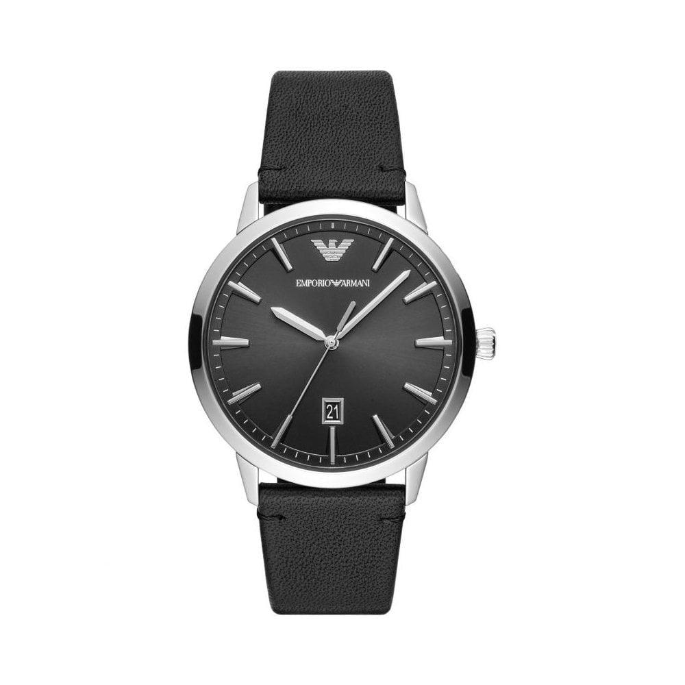 RUGGERO STAINLESS STEEL GENTS WATCH WITH BLACK LEATHER STRAP & BLACK DIAL