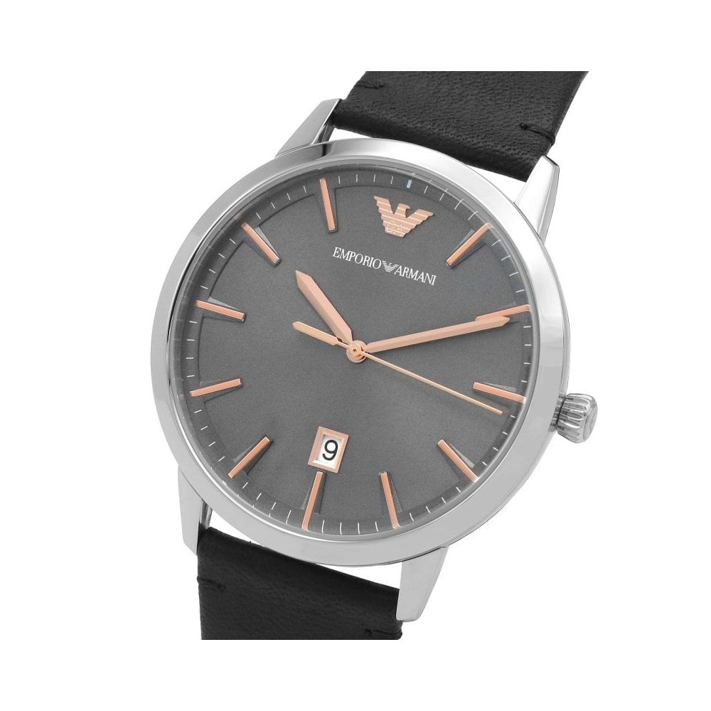 RUGGERO STAINLESS STEEL GENTS WATCH WITH BLACK LEATHER STRAP & BLACK DIAL W/ROSE DETAIL