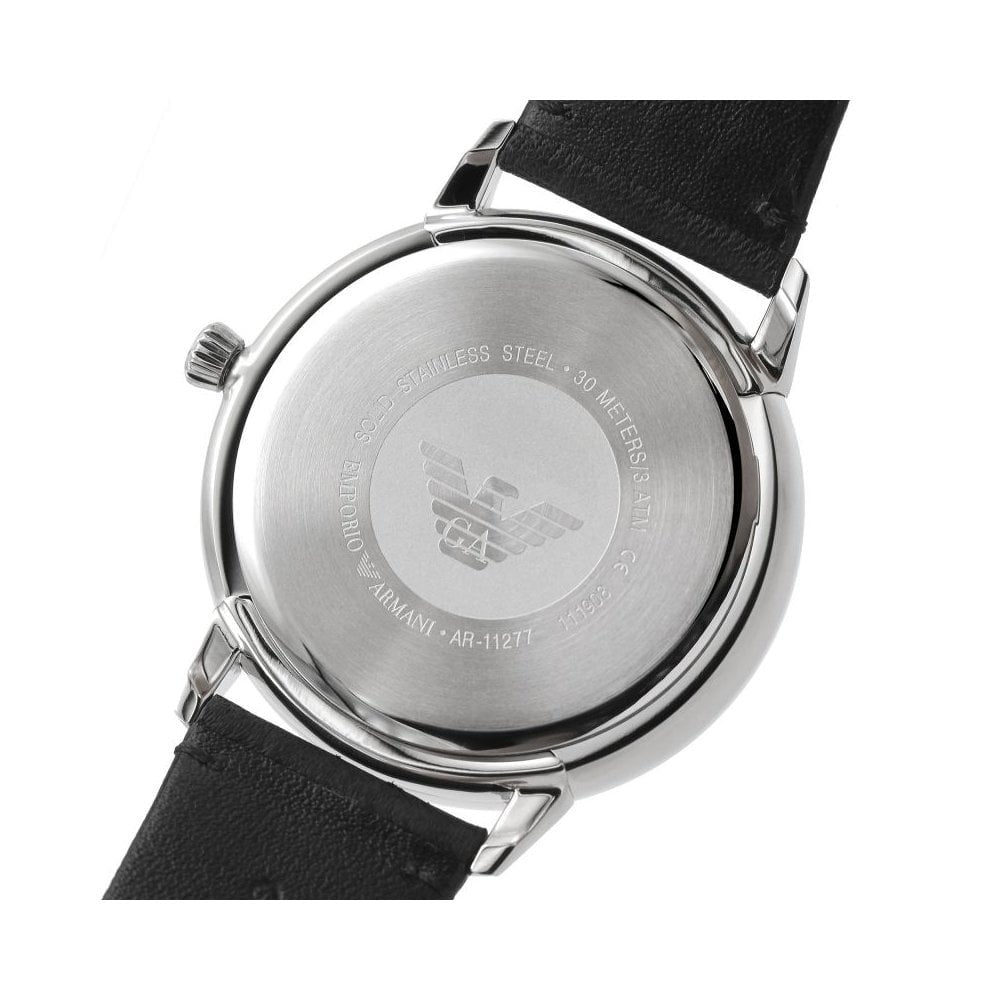 RUGGERO STAINLESS STEEL GENTS WATCH WITH BLACK LEATHER STRAP & BLACK DIAL W/ROSE DETAIL