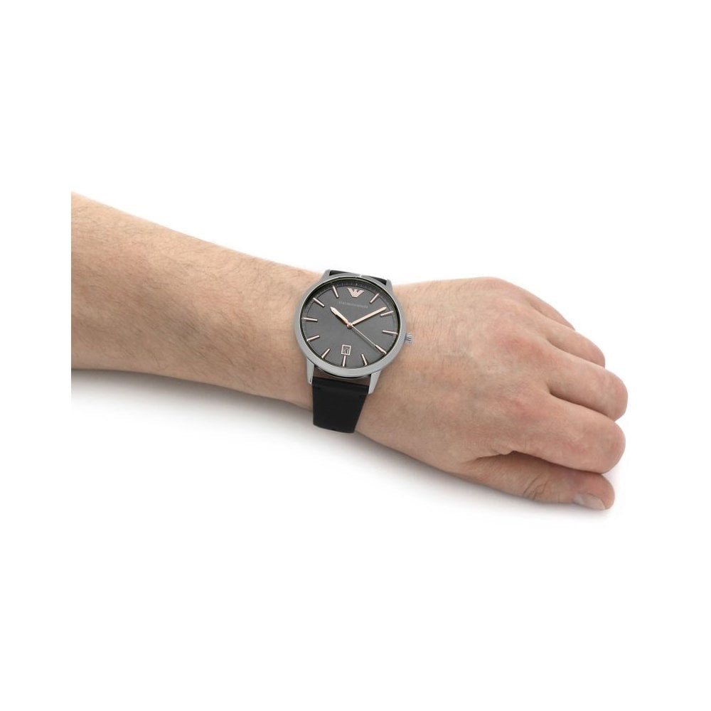 RUGGERO STAINLESS STEEL GENTS WATCH WITH BLACK LEATHER STRAP & BLACK DIAL W/ROSE DETAIL
