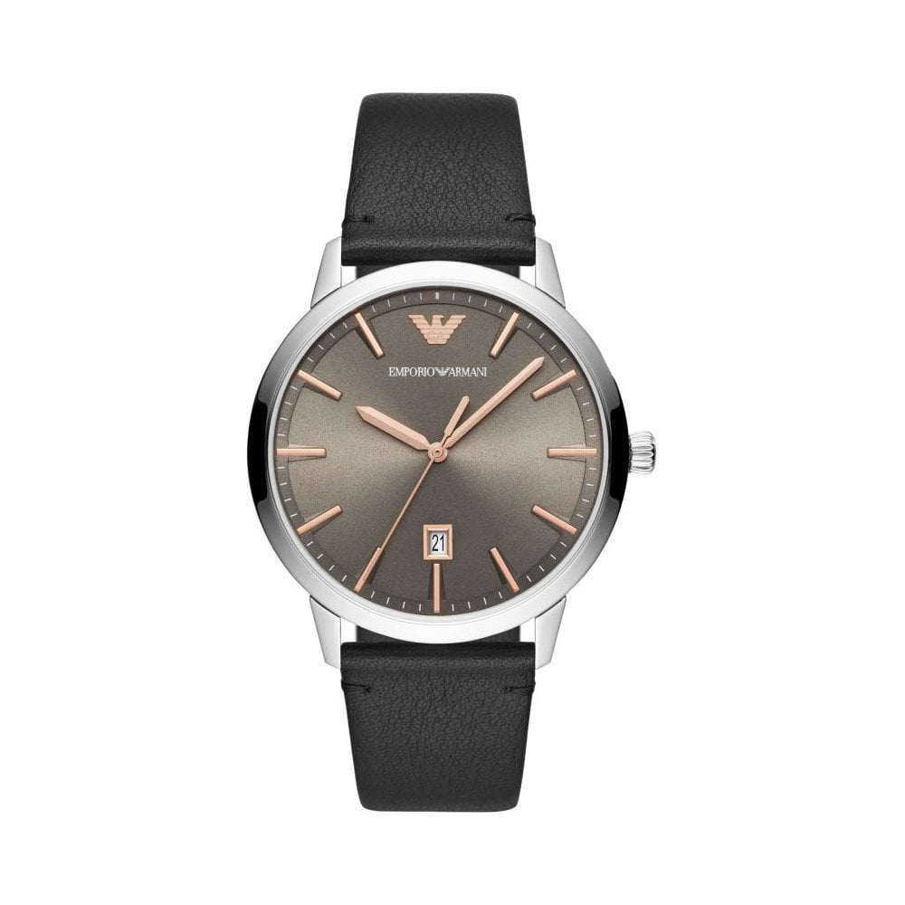 RUGGERO STAINLESS STEEL GENTS WATCH WITH BLACK LEATHER STRAP & BLACK DIAL W/ROSE DETAIL