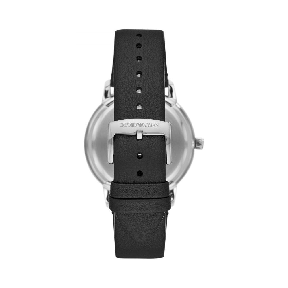 RUGGERO STAINLESS STEEL GENTS WATCH WITH BLACK LEATHER STRAP & BLACK DIAL W/ROSE DETAIL