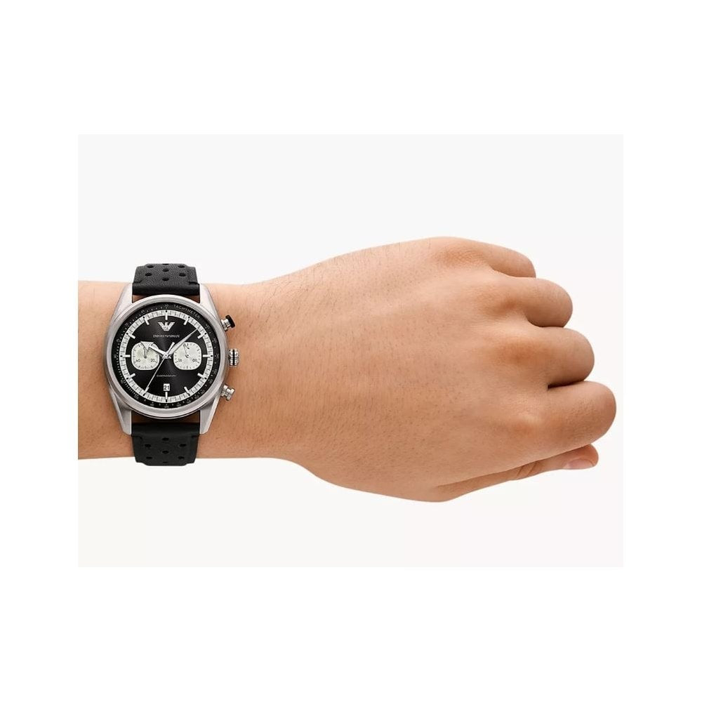 Racer, Black Dial Chronograph Black Leather Gents Watch