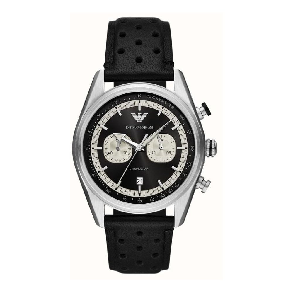 Racer, Black Dial Chronograph Black Leather Gents Watch