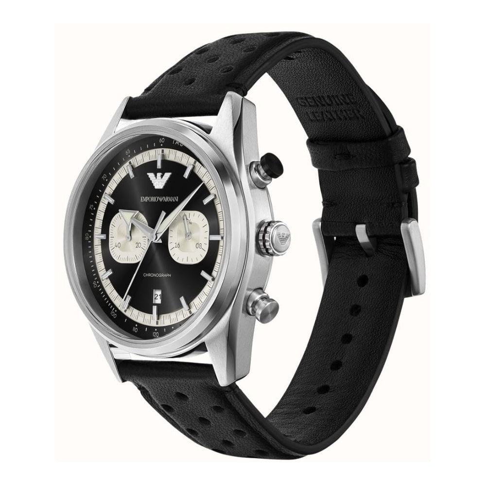 Racer, Black Dial Chronograph Black Leather Gents Watch