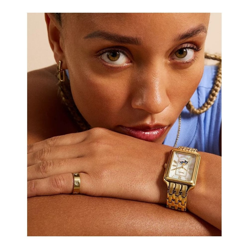 Raquel Sun Moon Multifunction, Mother of Pearl Dial, Gold-Toned Ladies Stainless Steel Watch