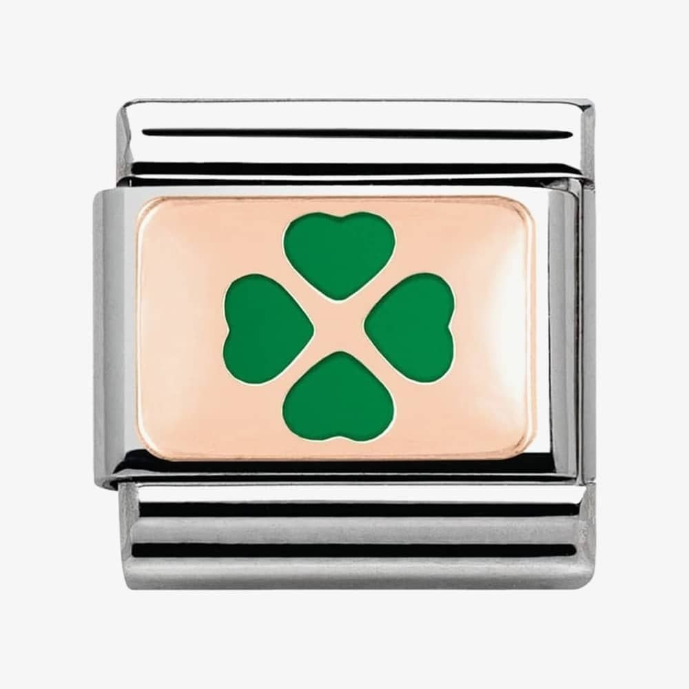 Rose gold on stainless steel charm with green enamel four leaf clover