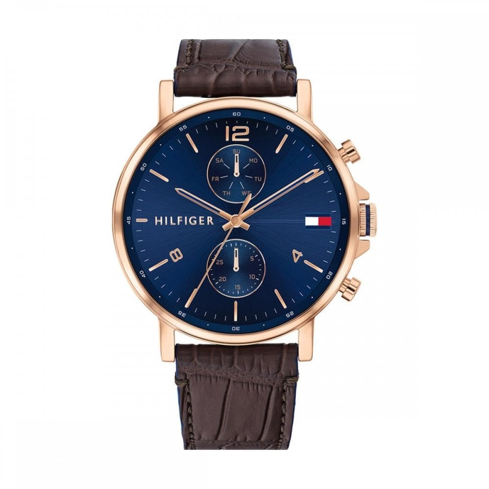 SAWYER ROSE GOLD STAINLESS STEEL CHRONOGRAPH BLUE DIAL WITH BROWN LEATHER STRAP