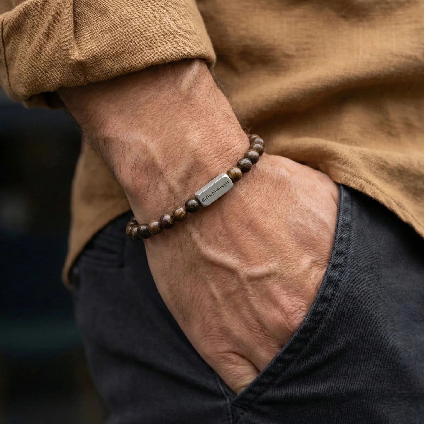 STEEL AND BARNETT NATURAL NED MATTE BRONZITE ROUND GEMSTONE BRACELET