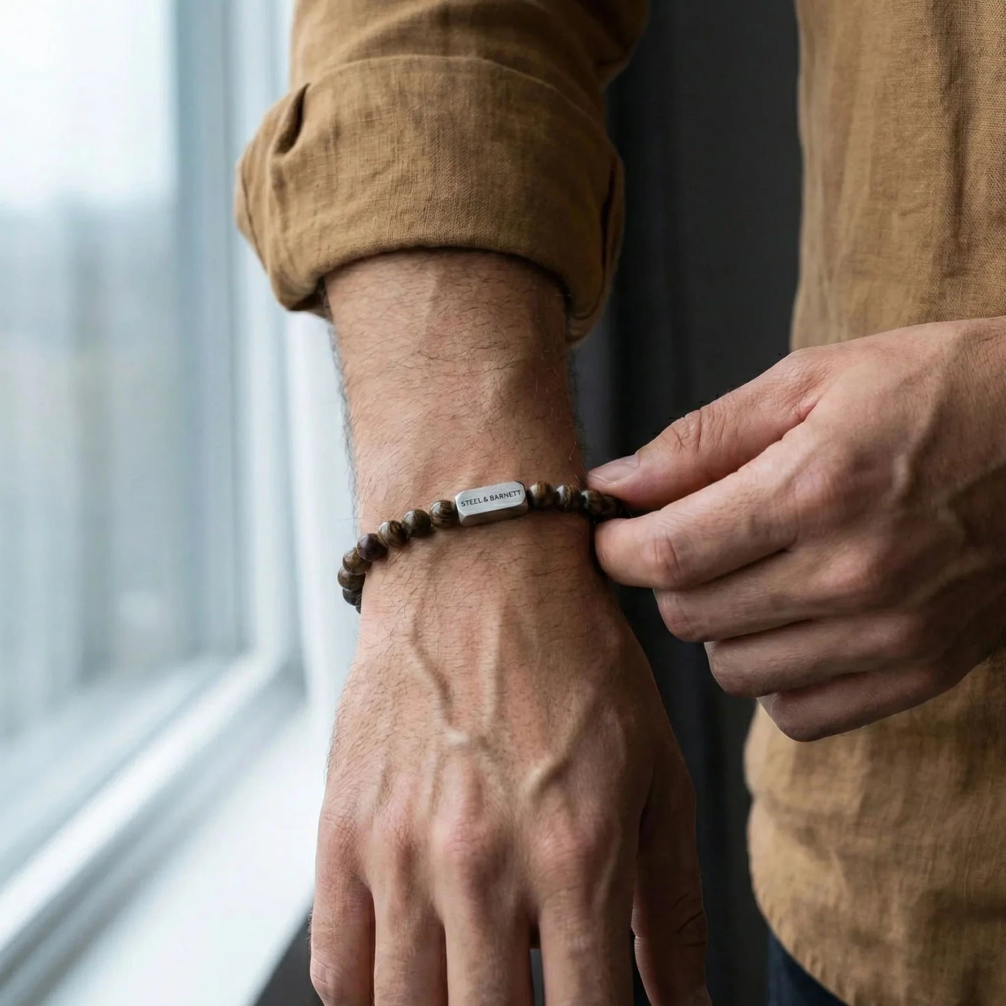 STEEL AND BARNETT NATURAL NED MATTE BRONZITE ROUND GEMSTONE BRACELET