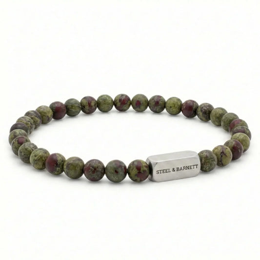 STEEL AND BARNETT NATURAL NED DRAGON BLOOD ROUND GEMSTONE BRACELET