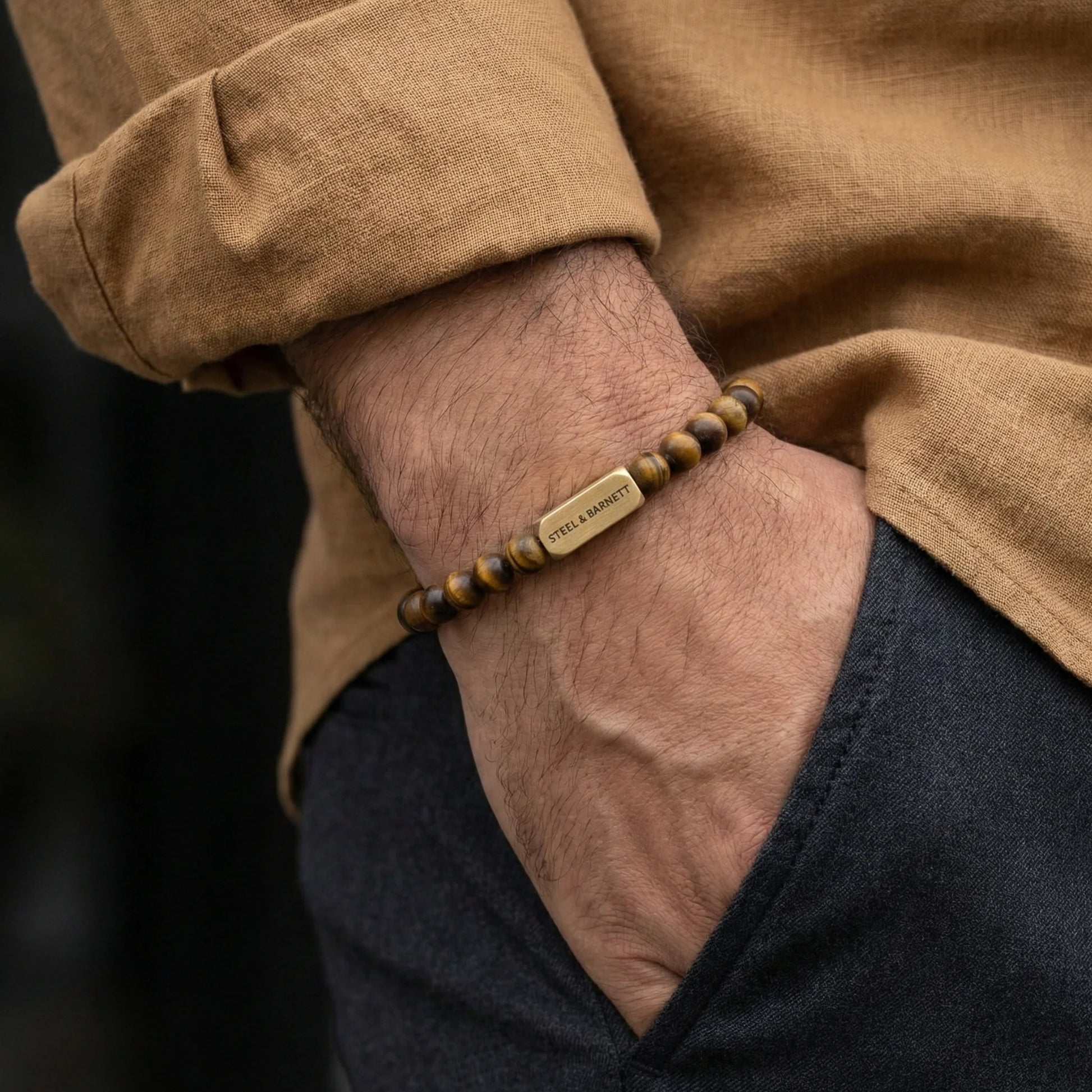 STEEL AND BARNETT NATURAL NED MATTE TIGER EYE ROUND GEMSTONE BRACELET