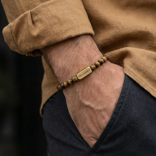 STEEL AND BARNETT NATURAL NED MATTE TIGER EYE ROUND GEMSTONE BRACELET