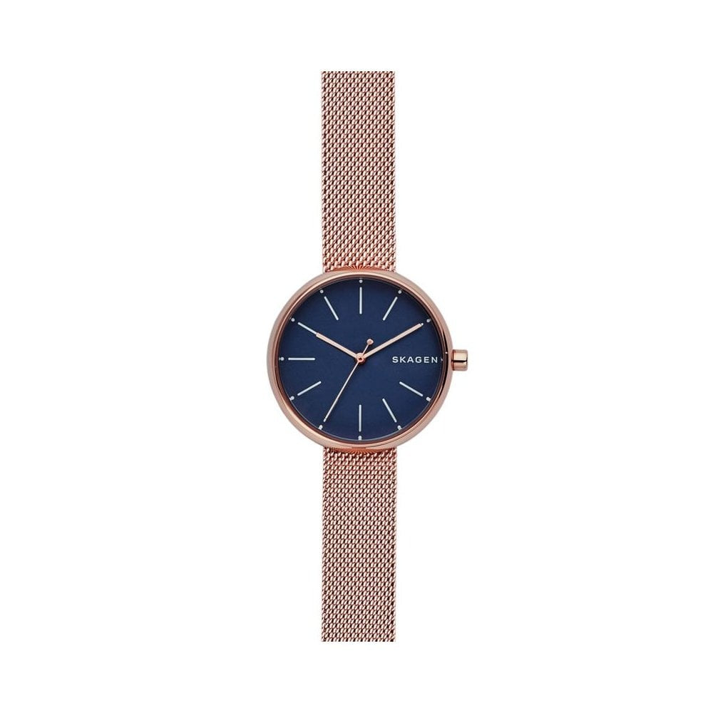 SIGNATUR ROSE GOLD STAINLESS STEEL MESH BRACELET WATCH WITH BLUE DIAL