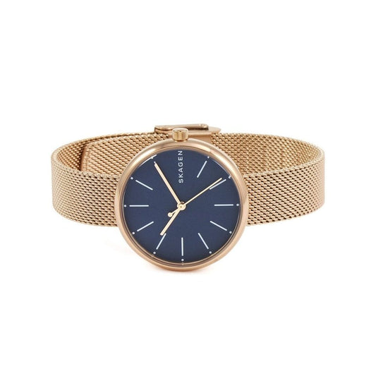 SIGNATUR ROSE GOLD STAINLESS STEEL MESH BRACELET WATCH WITH BLUE DIAL