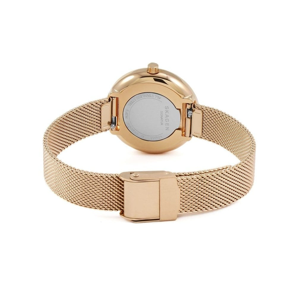 SIGNATUR ROSE GOLD STAINLESS STEEL MESH BRACELET WATCH WITH BLUE DIAL