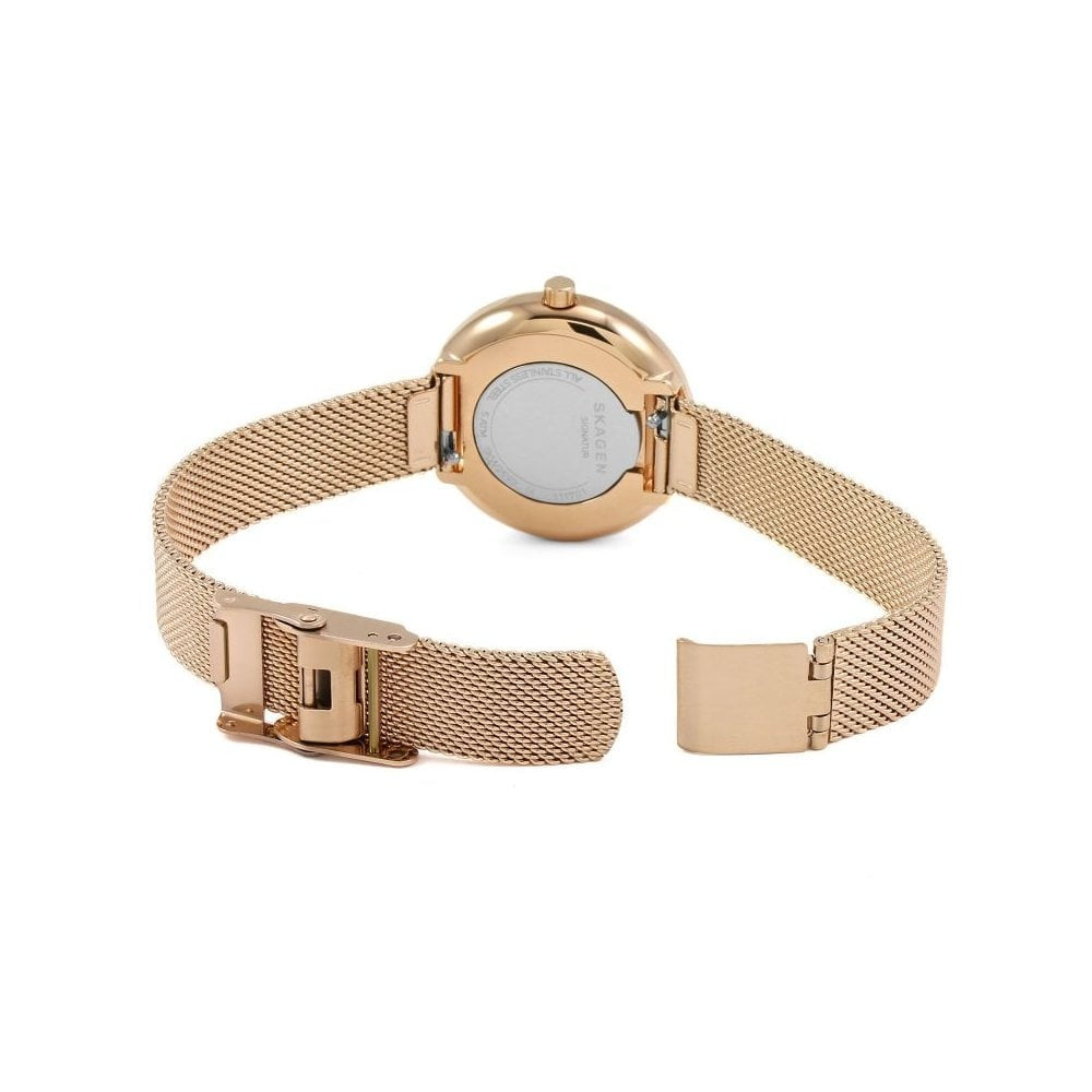 SIGNATUR ROSE GOLD STAINLESS STEEL MESH BRACELET WATCH WITH BLUE DIAL