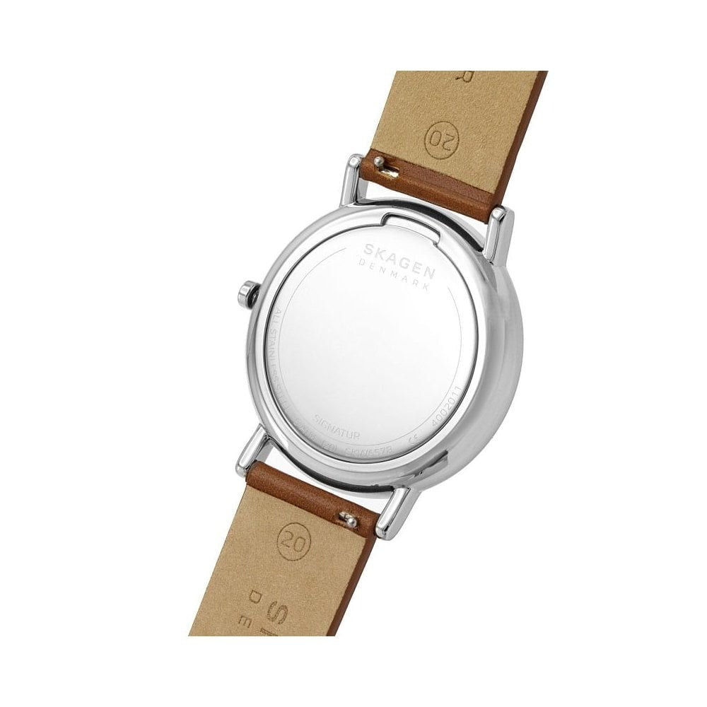 SIGNATUR STAINLESS STEEL GENTS WATCH WITH BROWN LEATHER STRAP & DARK DIAL