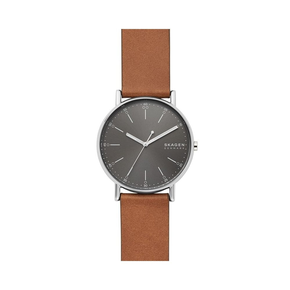 SIGNATUR STAINLESS STEEL GENTS WATCH WITH BROWN LEATHER STRAP & DARK DIAL