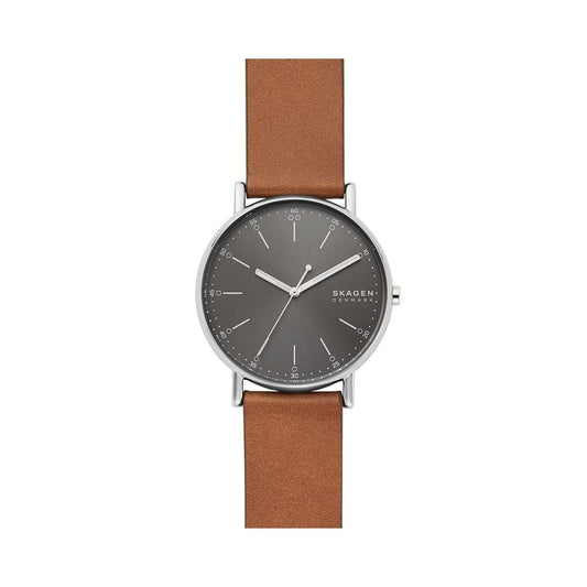 SIGNATUR STAINLESS STEEL GENTS WATCH WITH BROWN LEATHER STRAP & DARK DIAL
