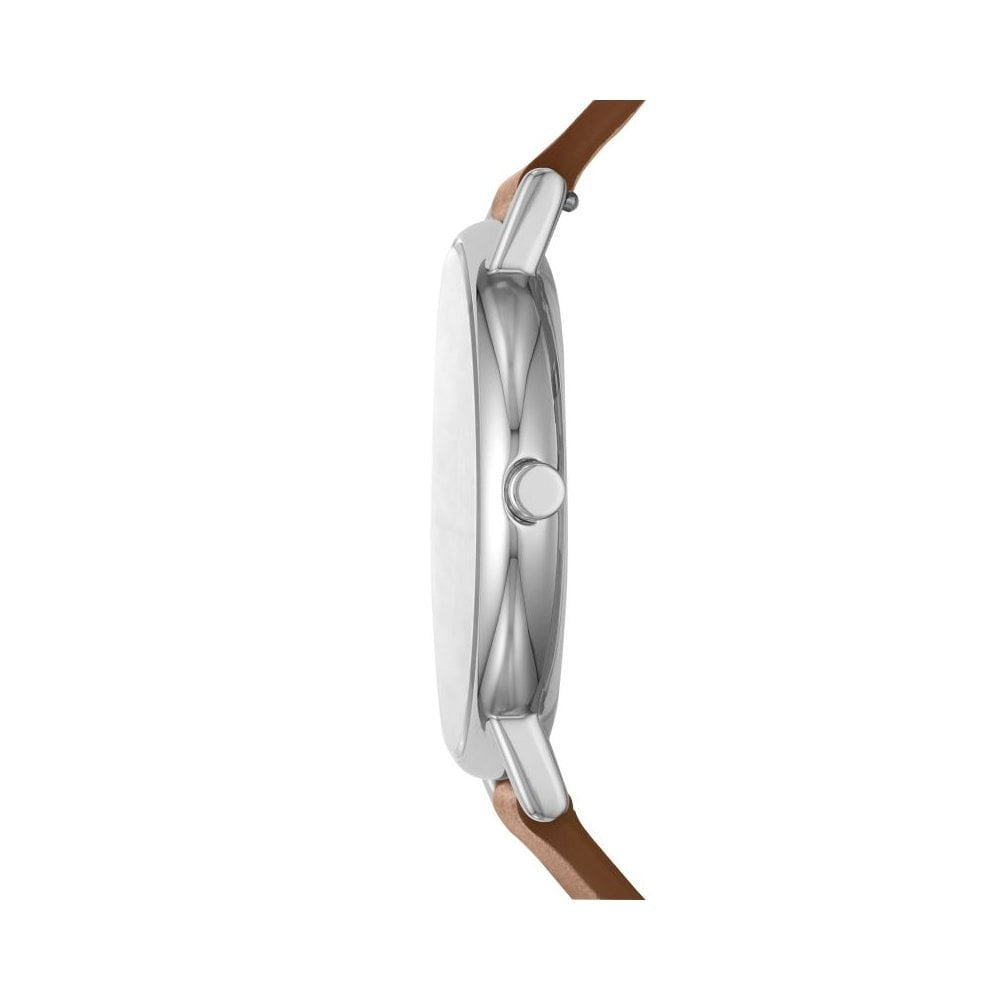 SIGNATUR STAINLESS STEEL GENTS WATCH WITH BROWN LEATHER STRAP & DARK DIAL