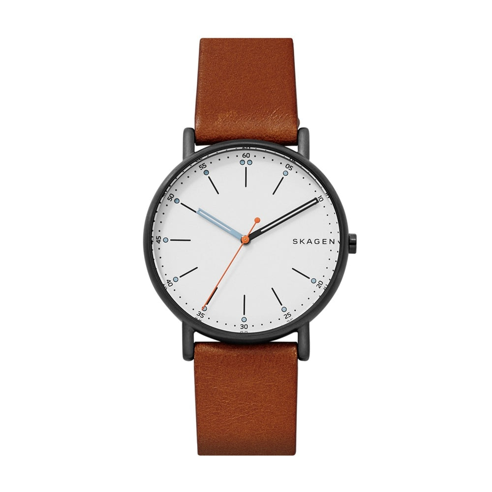 SIGNATURE SLEEK STAINLESS STEEL WATCH WITH BROWN LEATHER STRAP