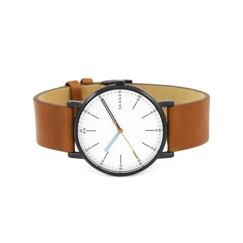 SIGNATURE SLEEK STAINLESS STEEL WATCH WITH BROWN LEATHER STRAP