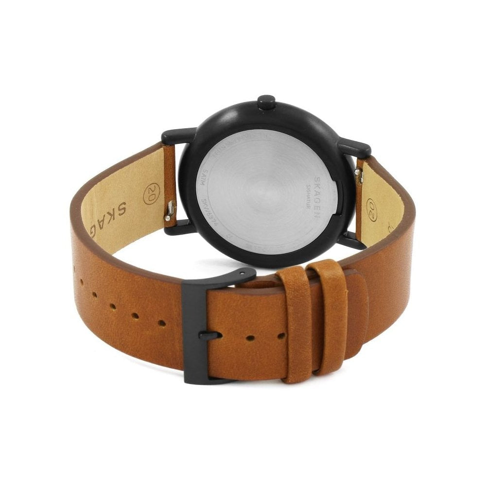 SIGNATURE SLEEK STAINLESS STEEL WATCH WITH BROWN LEATHER STRAP